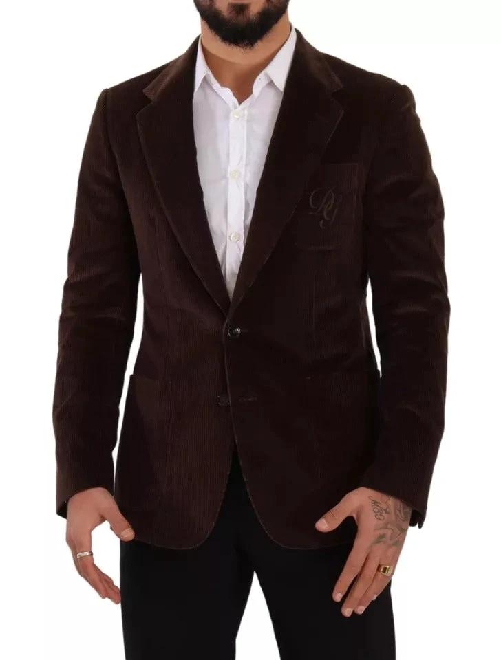 Dolce & Gabbana Brown Corduroy Slim Fit Coat DG Logo Blazer by Dolce & Gabbana