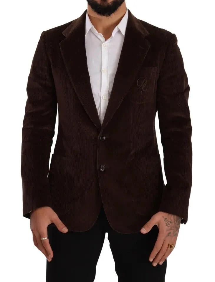 Dolce & Gabbana Brown Corduroy Slim Fit Coat DG Logo Blazer by Dolce & Gabbana