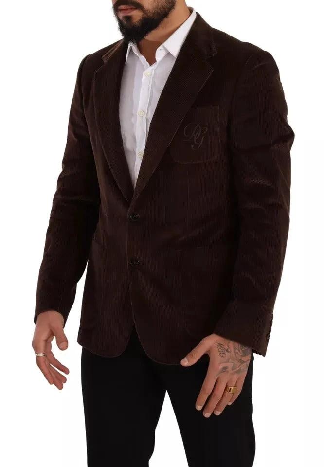 Dolce & Gabbana Brown Corduroy Slim Fit Coat DG Logo Blazer by Dolce & Gabbana