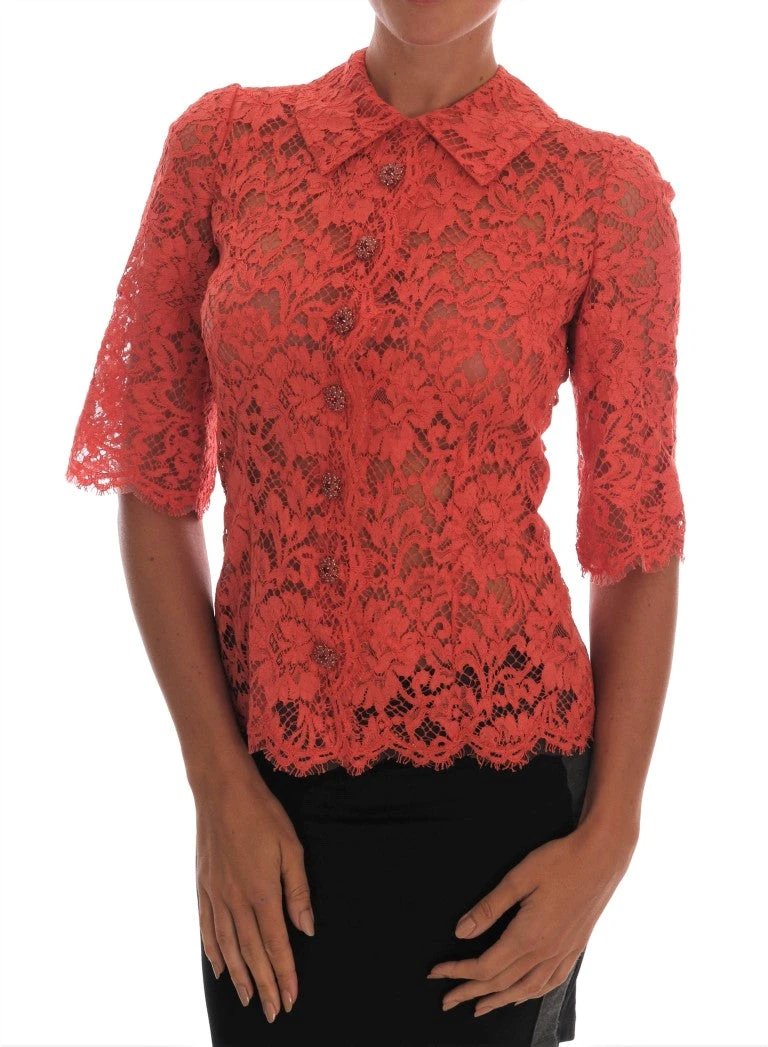 Dolce & Gabbana Orange Crystal Buttons Floral Lace Blouse by Dolce & Gabbana