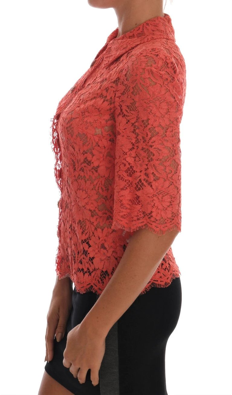 Dolce & Gabbana Orange Crystal Buttons Floral Lace Blouse by Dolce & Gabbana