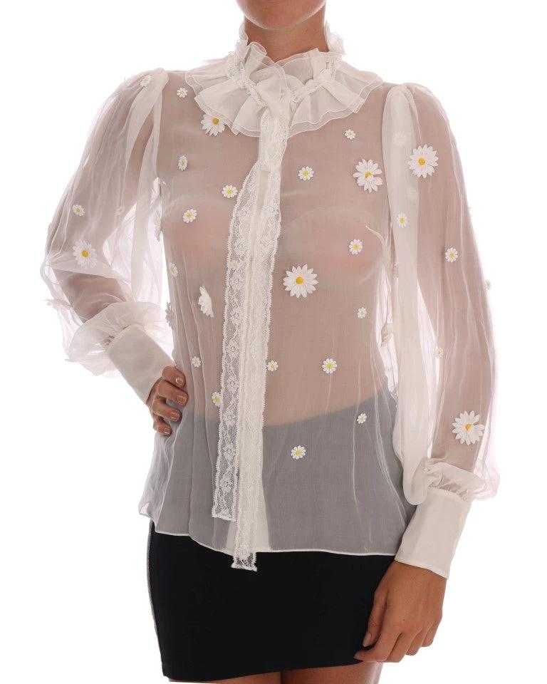 Dolce & Gabbana White Daisy Applique Silk Shirt by Dolce & Gabbana