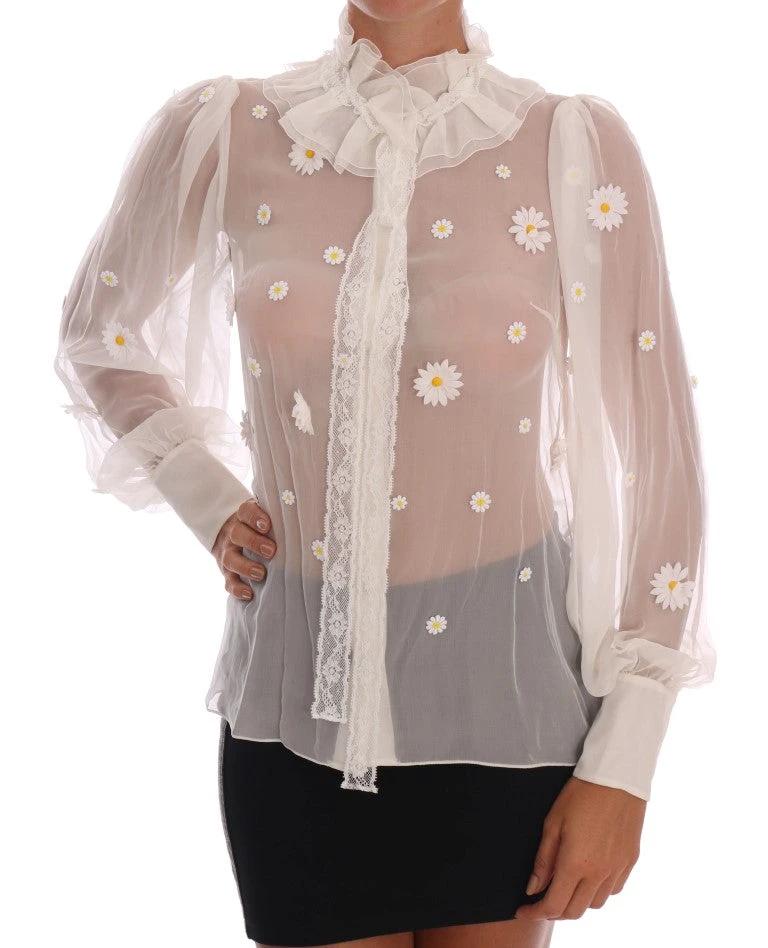 Dolce & Gabbana White Daisy Applique Silk Shirt by Dolce & Gabbana
