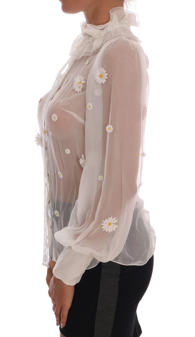 Dolce & Gabbana White Daisy Applique Silk Shirt by Dolce & Gabbana