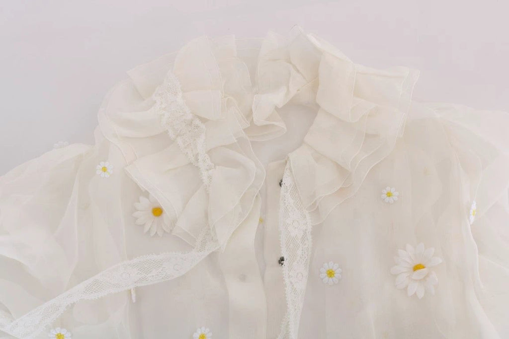 Dolce & Gabbana White Daisy Applique Silk Shirt by Dolce & Gabbana