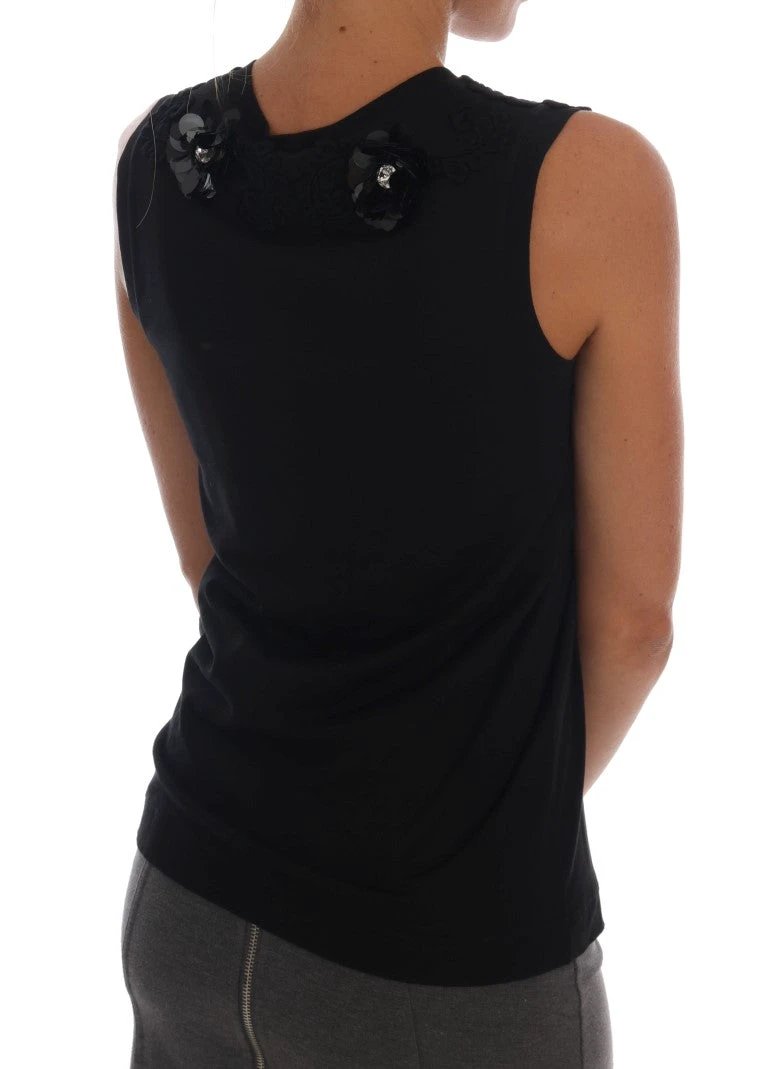 Dolce & Gabbana Black Cotton Floral Crystal Tank Top by Dolce & Gabbana