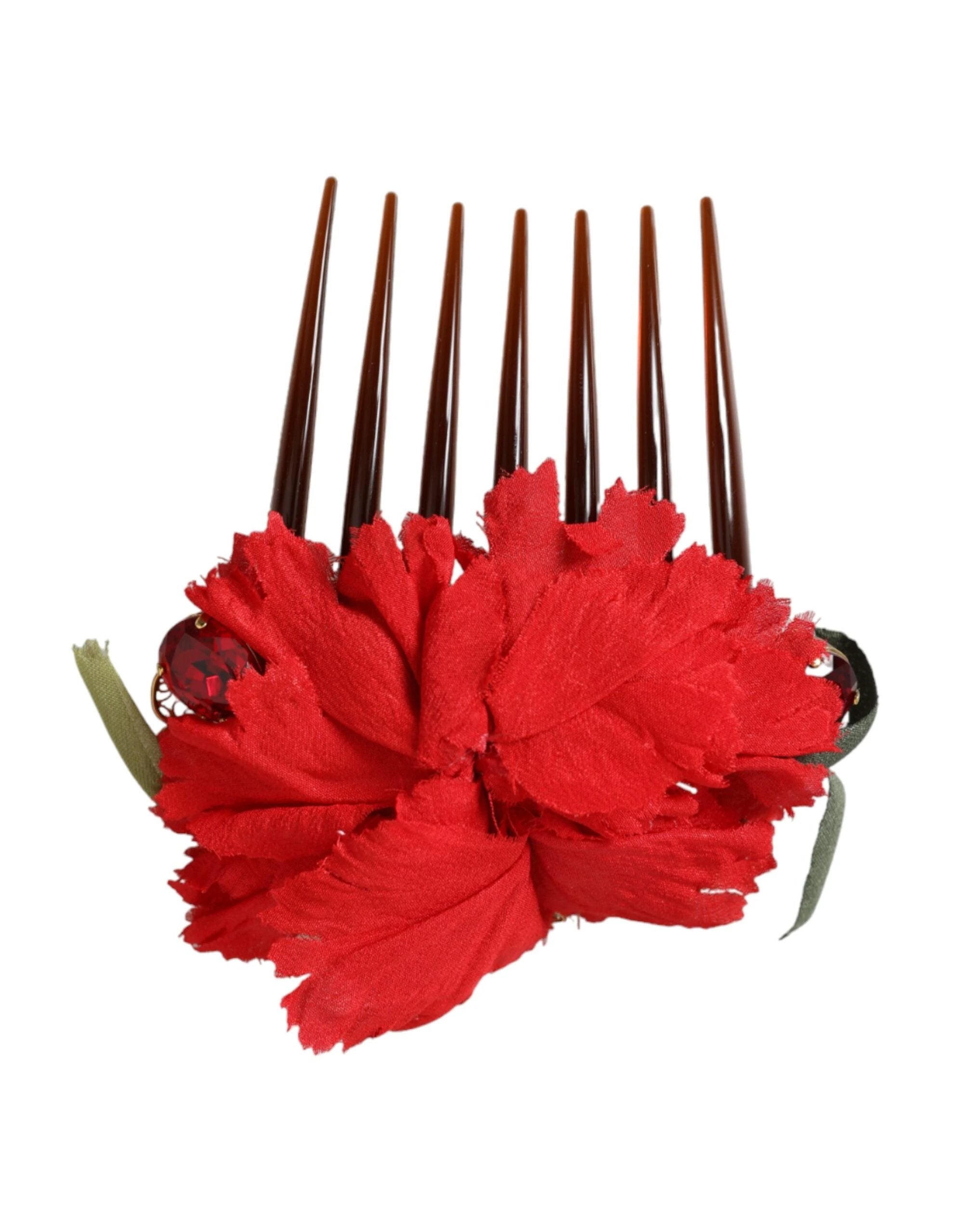 Dolce & Gabbana Red Silk Floral Gold Brass Women Hair Comb by Dolce & Gabbana