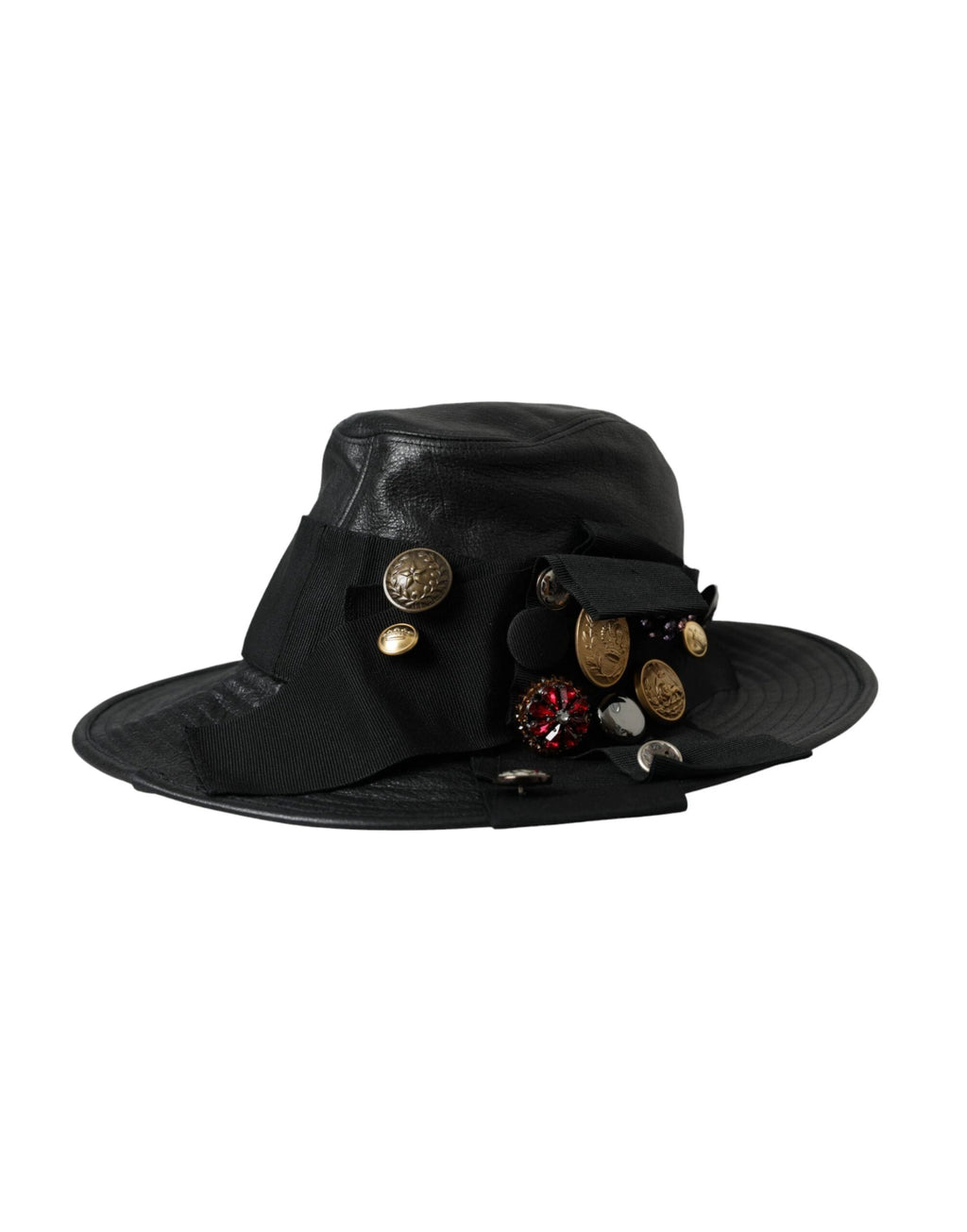Dolce & Gabbana Black Leather DG Coin Crystal Wide Brim Hat by Dolce & Gabbana