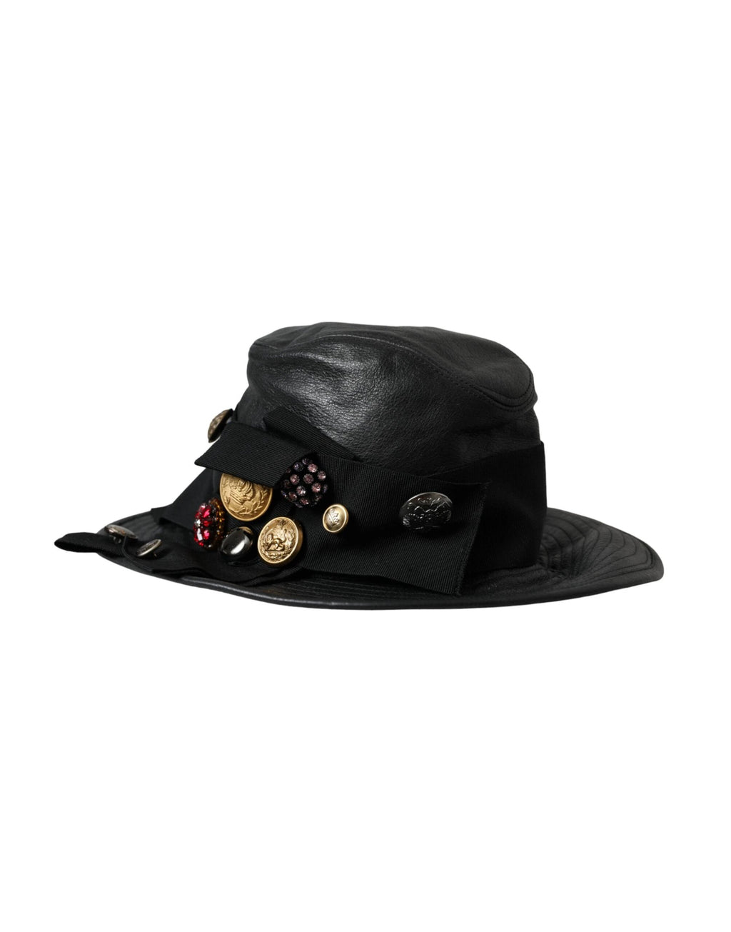 Dolce & Gabbana Black Leather DG Coin Crystal Wide Brim Hat by Dolce & Gabbana