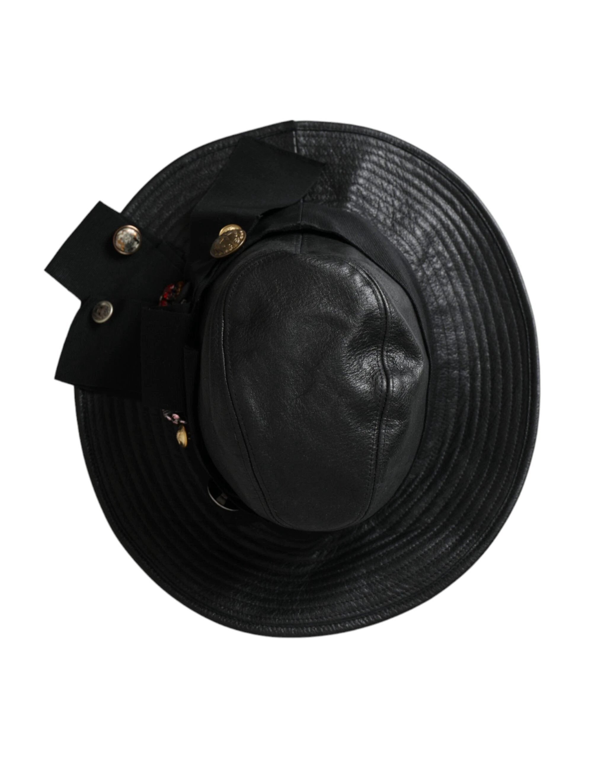 Dolce & Gabbana Black Leather DG Coin Crystal Wide Brim Hat by Dolce & Gabbana