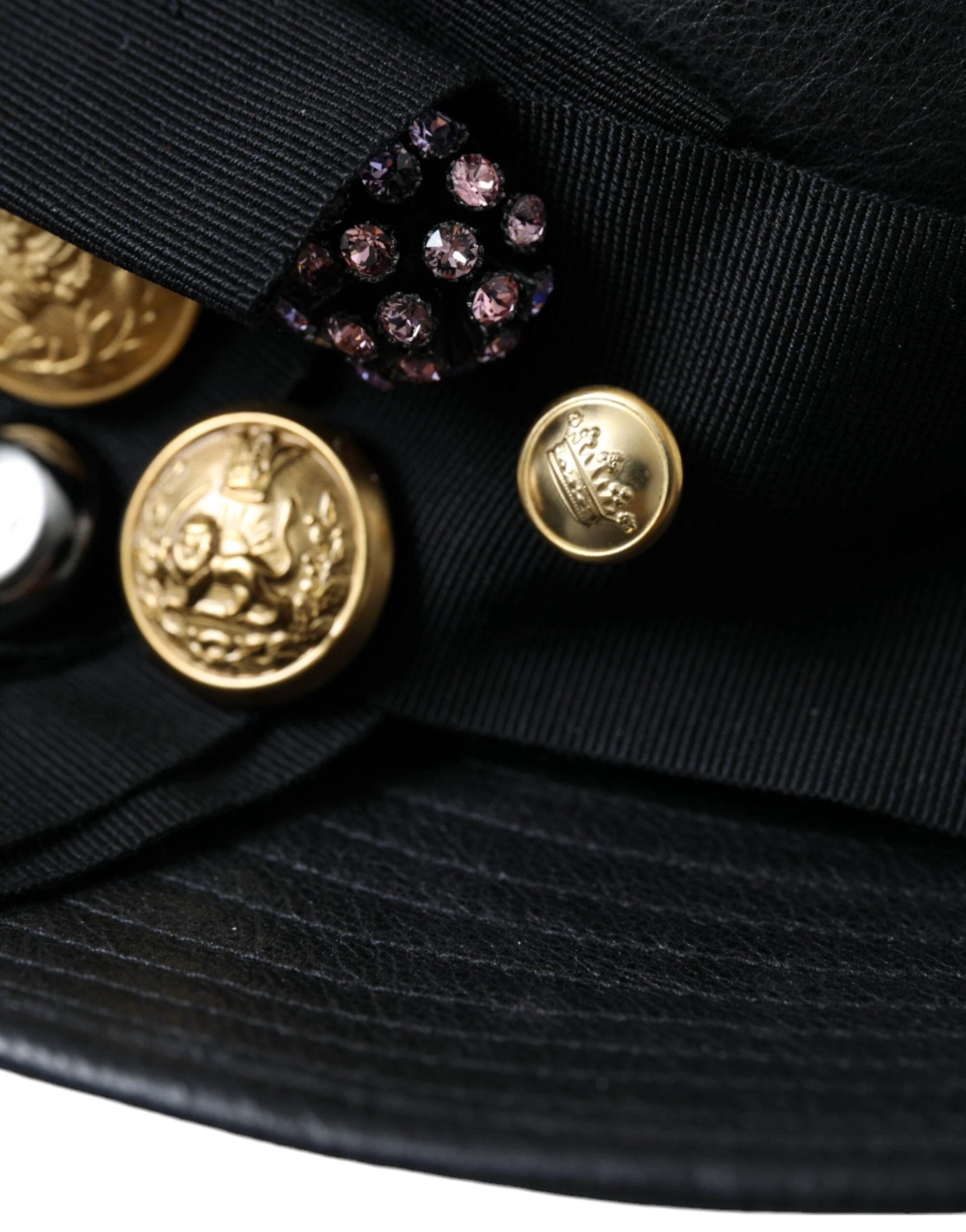Dolce & Gabbana Black Leather DG Coin Crystal Wide Brim Hat by Dolce & Gabbana