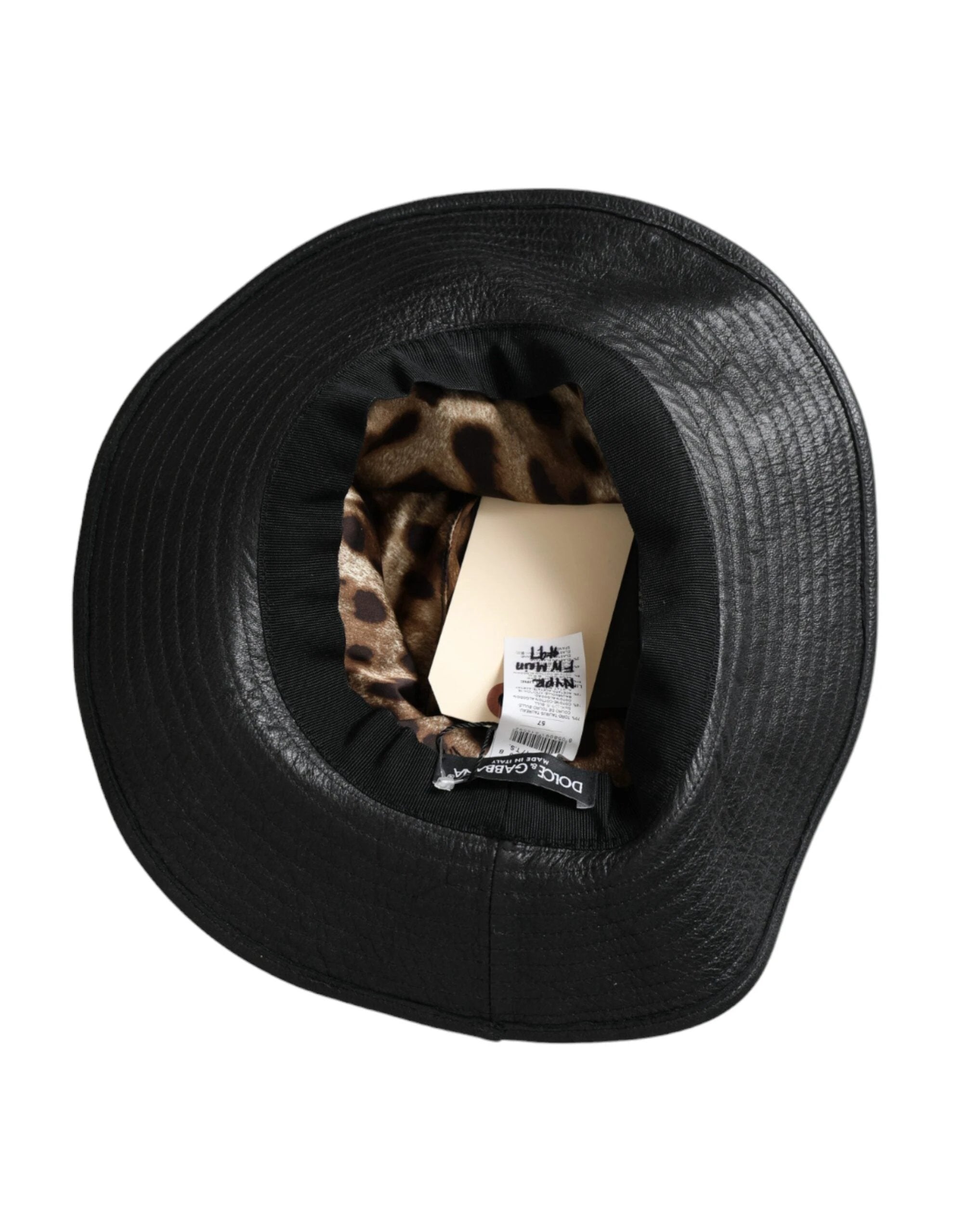 Dolce & Gabbana Black Leather DG Coin Crystal Wide Brim Hat by Dolce & Gabbana
