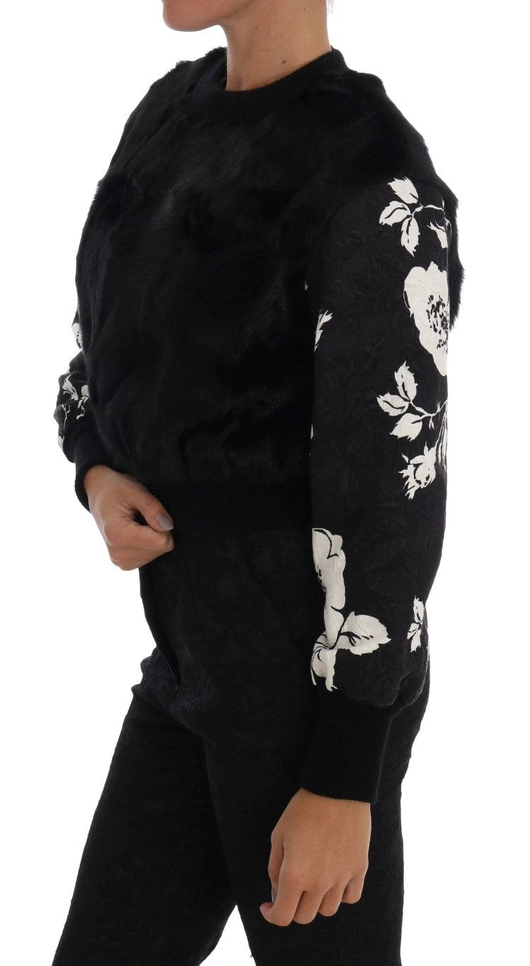 Dolce & Gabbana Black Fur Floral Brocade Zipper Sweater by Dolce & Gabbana