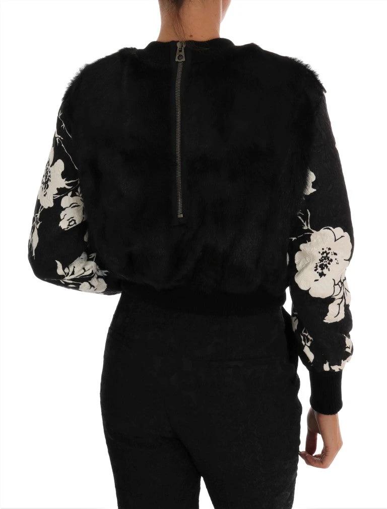 Dolce & Gabbana Black Fur Floral Brocade Zipper Sweater by Dolce & Gabbana