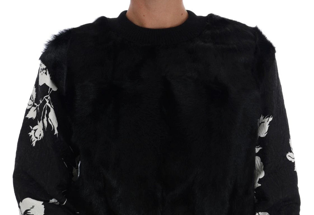 Dolce & Gabbana Black Fur Floral Brocade Zipper Sweater by Dolce & Gabbana
