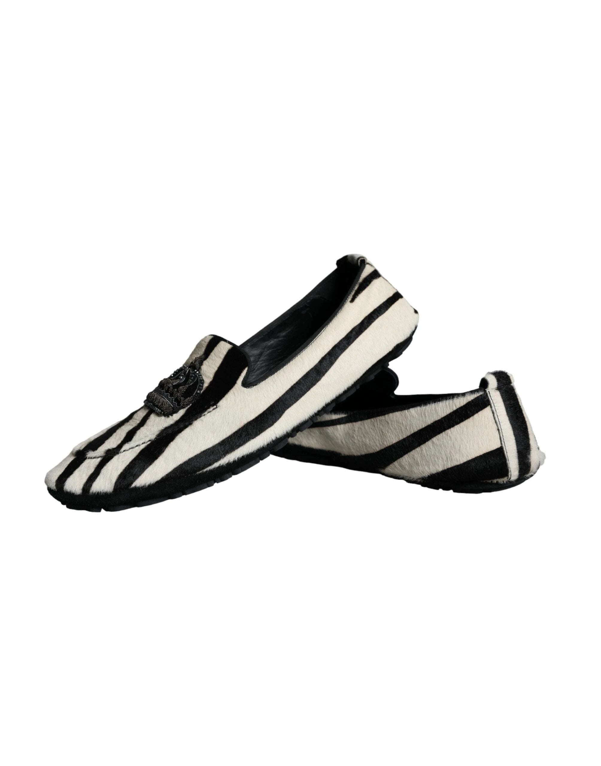 Dolce & Gabbana Black White Calf Fur Slip On Loafers Men Shoes by Dolce & Gabbana