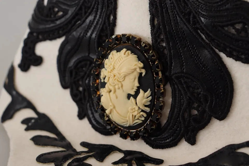 Dolce & Gabbana White Black Wool Embroidered Cameo Brooch Hat by Dolce & Gabbana