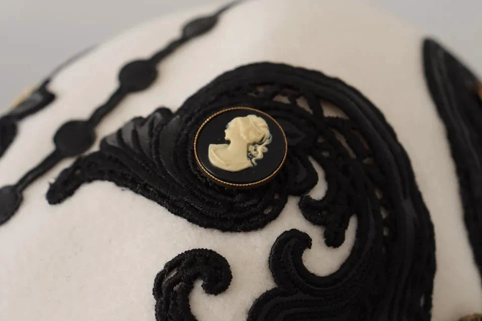 Dolce & Gabbana White Black Wool Embroidered Cameo Brooch Hat by Dolce & Gabbana