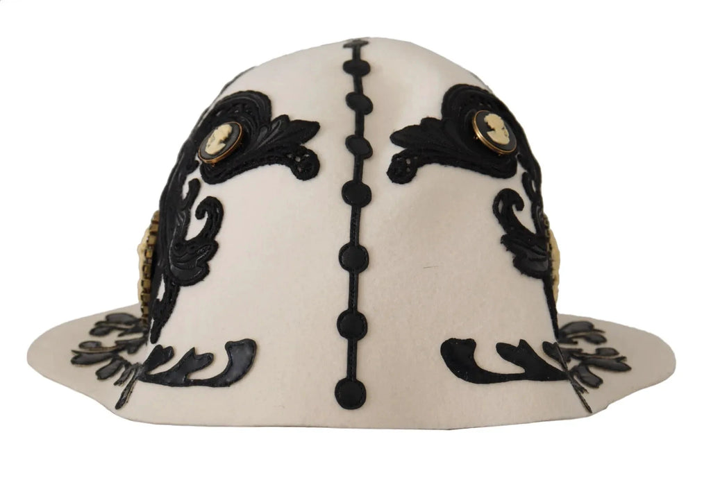 Dolce & Gabbana White Black Wool Embroidered Cameo Brooch Hat by Dolce & Gabbana