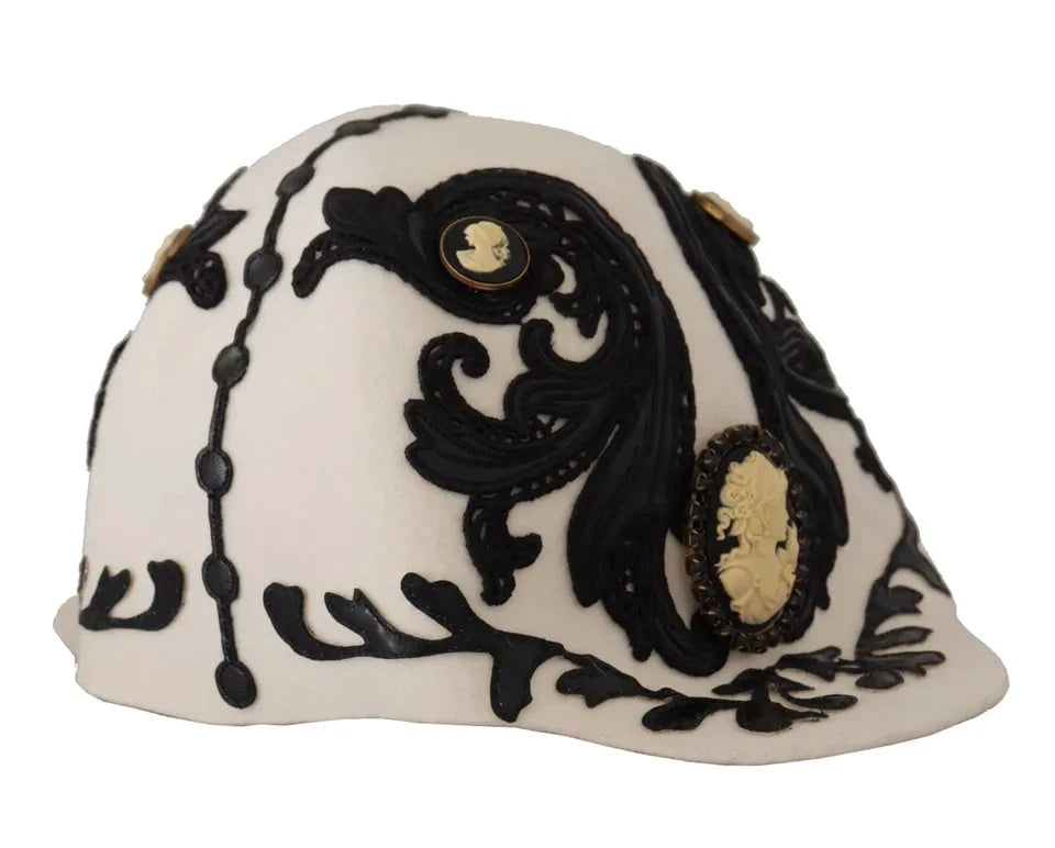 Dolce & Gabbana White Black Wool Embroidered Cameo Brooch Hat by Dolce & Gabbana