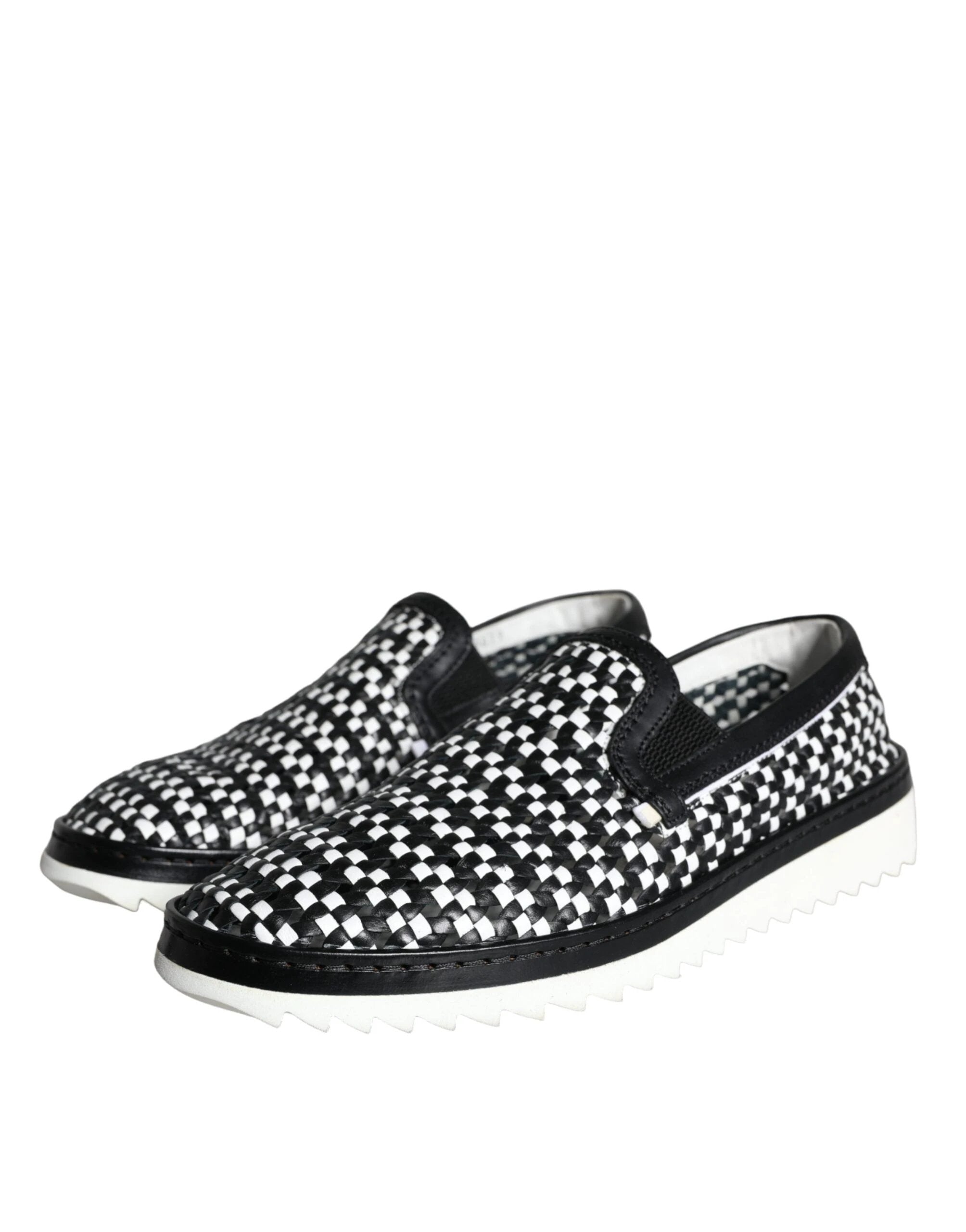 Dolce & Gabbana Black White Weaved Slip On Men Loafers Shoes by Dolce & Gabbana