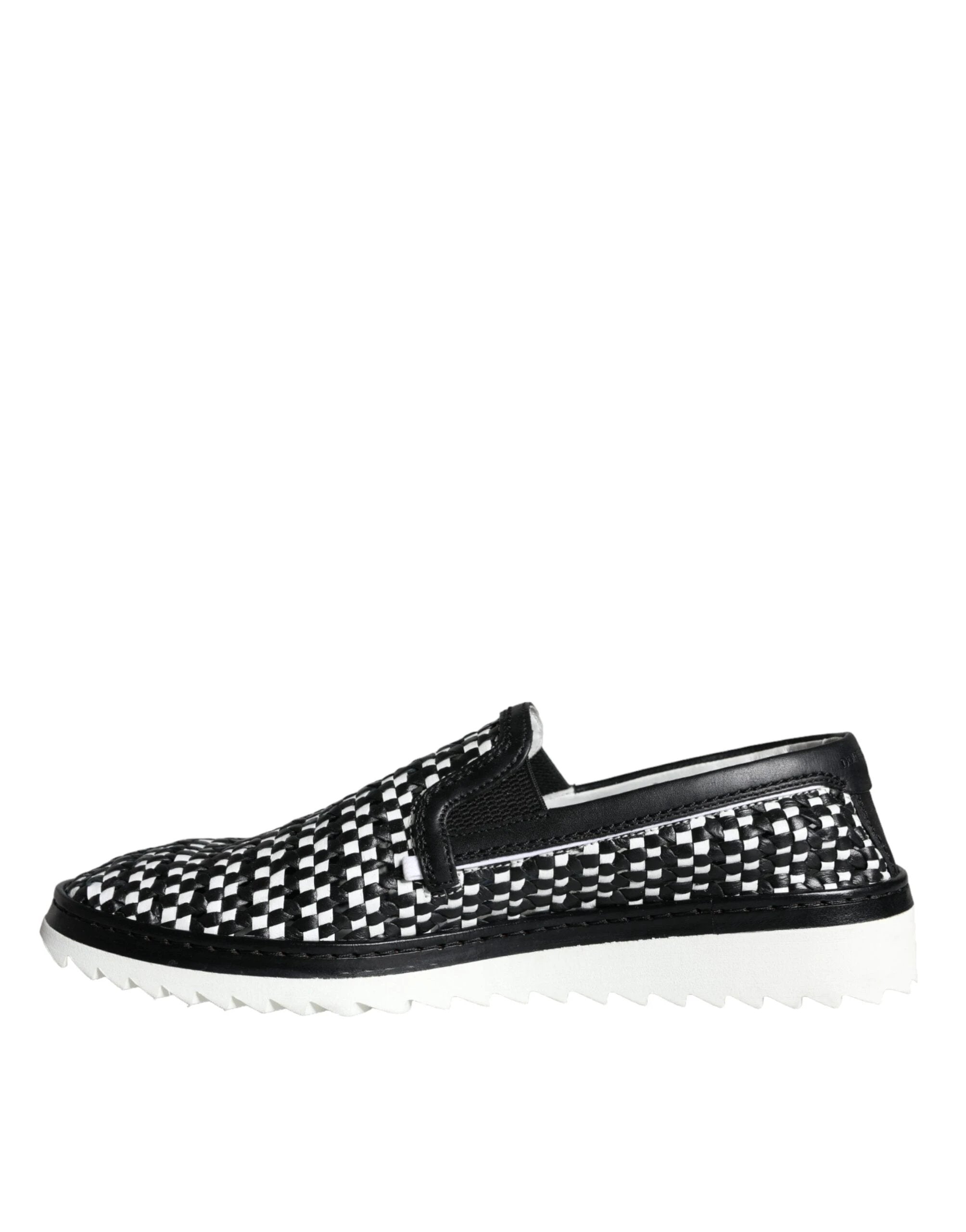 Dolce & Gabbana Black White Weaved Slip On Men Loafers Shoes by Dolce & Gabbana