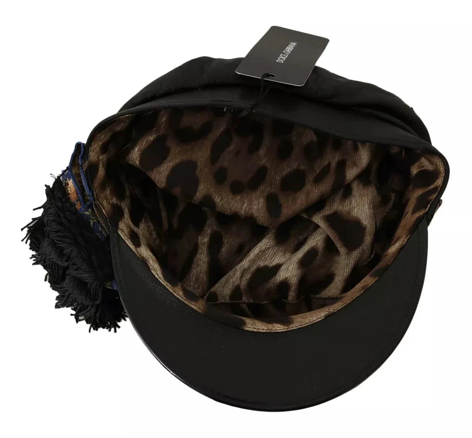 Dolce & Gabbana Black Leather Crystal Beads Gold Ribbon Fiddler Cap by Dolce & Gabbana