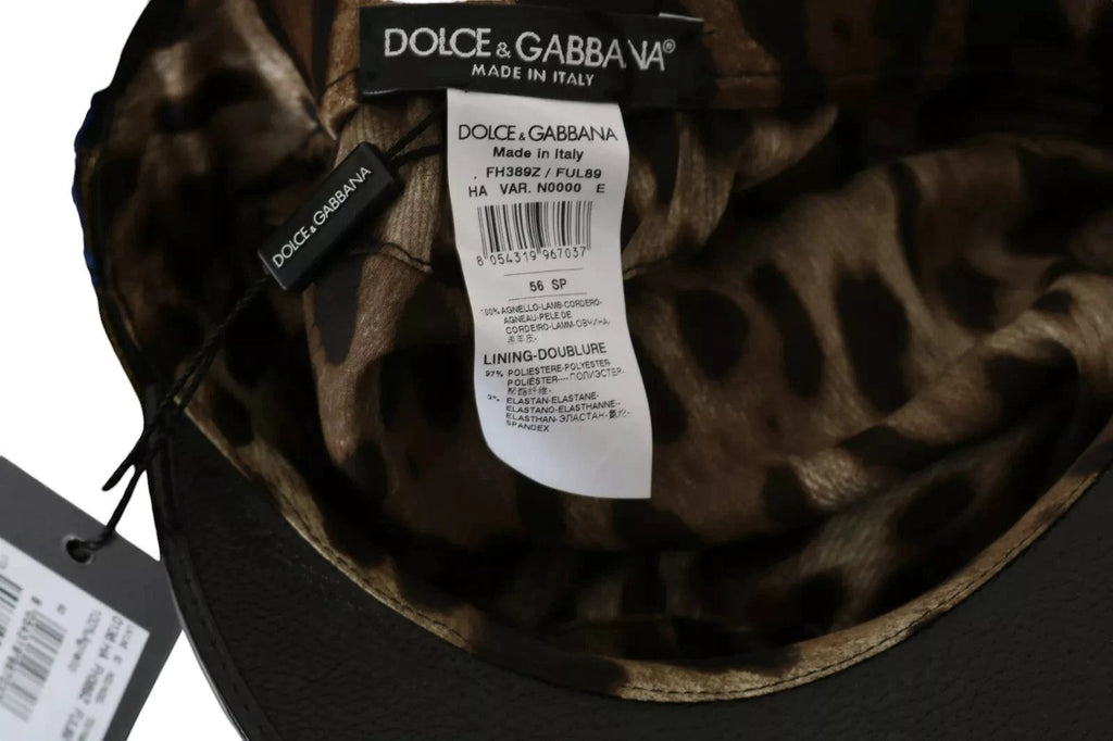 Dolce & Gabbana Black Leather Crystal Beads Gold Ribbon Fiddler Cap by Dolce & Gabbana