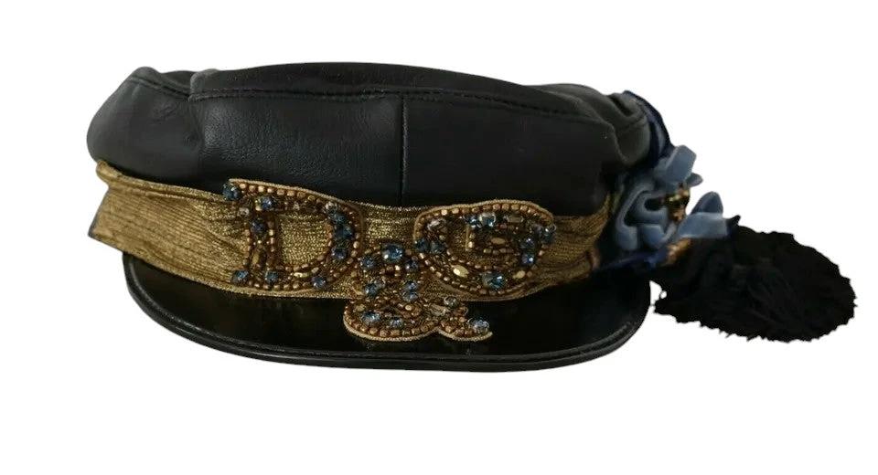 Dolce & Gabbana Black Leather Crystal Beads Gold Ribbon Fiddler Cap by Dolce & Gabbana