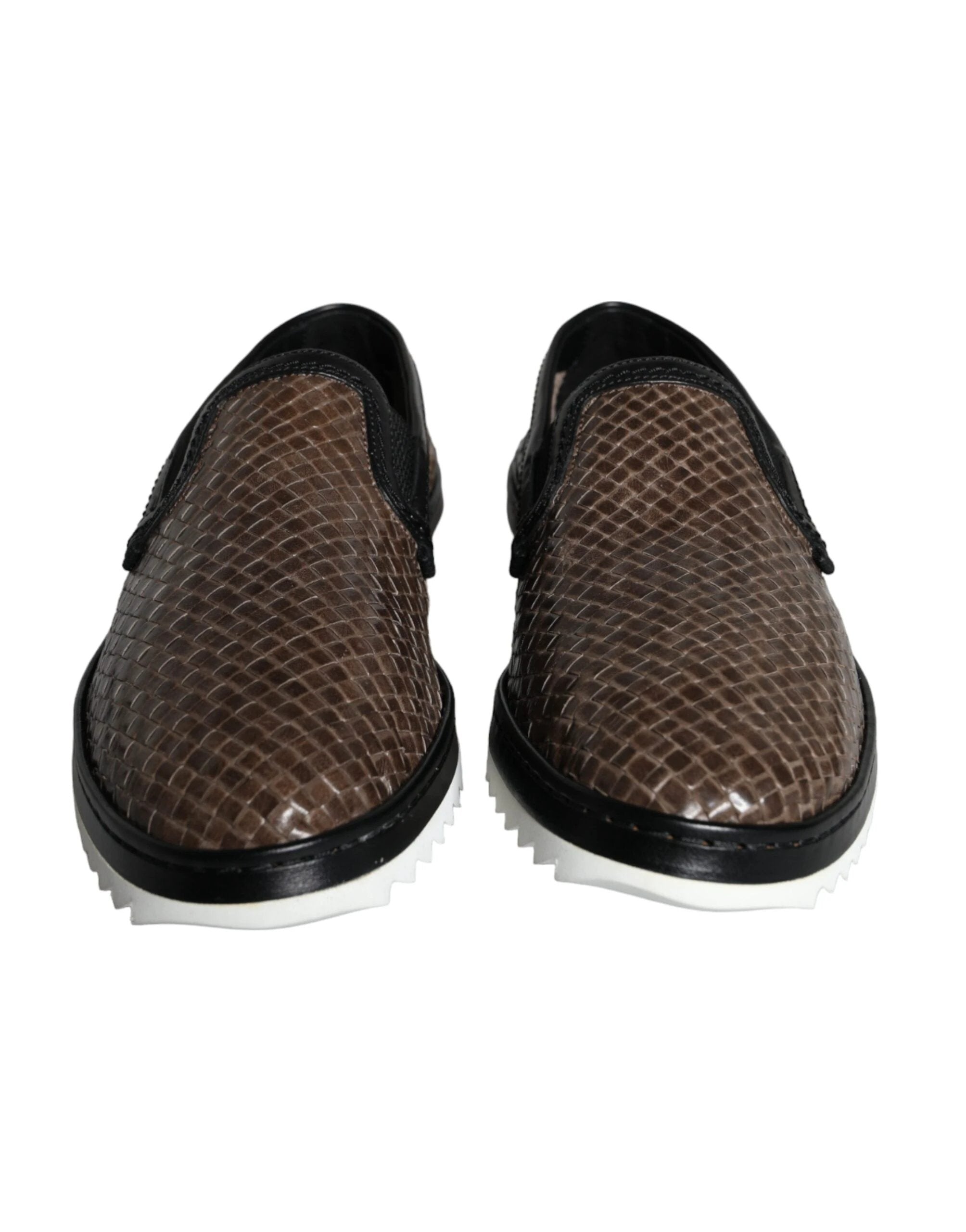 Dolce & Gabbana Brown Black Leather Weaved Men Loafers Shoes by Dolce & Gabbana