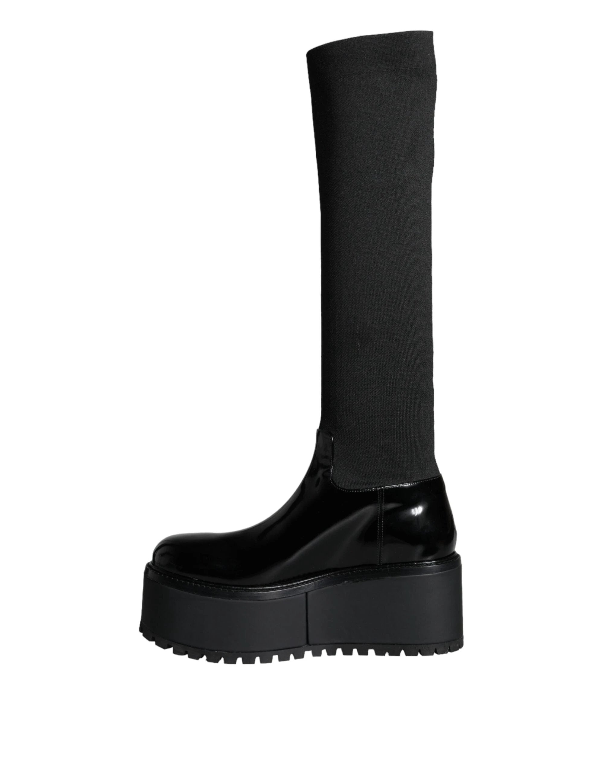 Dolce & Gabbana Black Leather Jersey Knee High Boots Shoes by Dolce & Gabbana