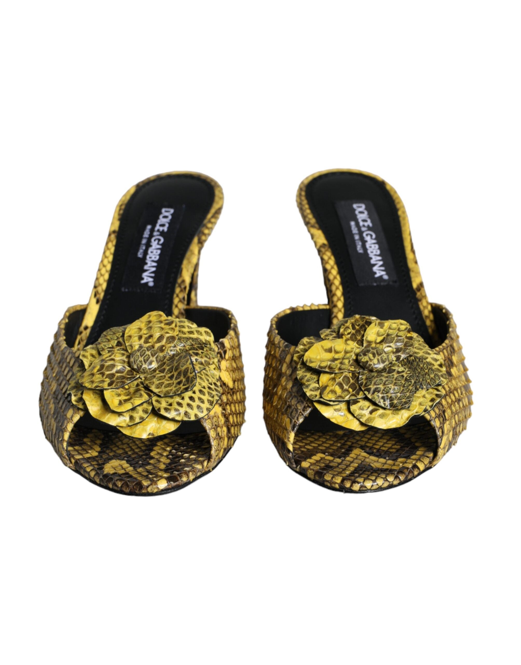 Dolce & Gabbana Yellow Leather Block Heels Slides Shoes by Dolce & Gabbana