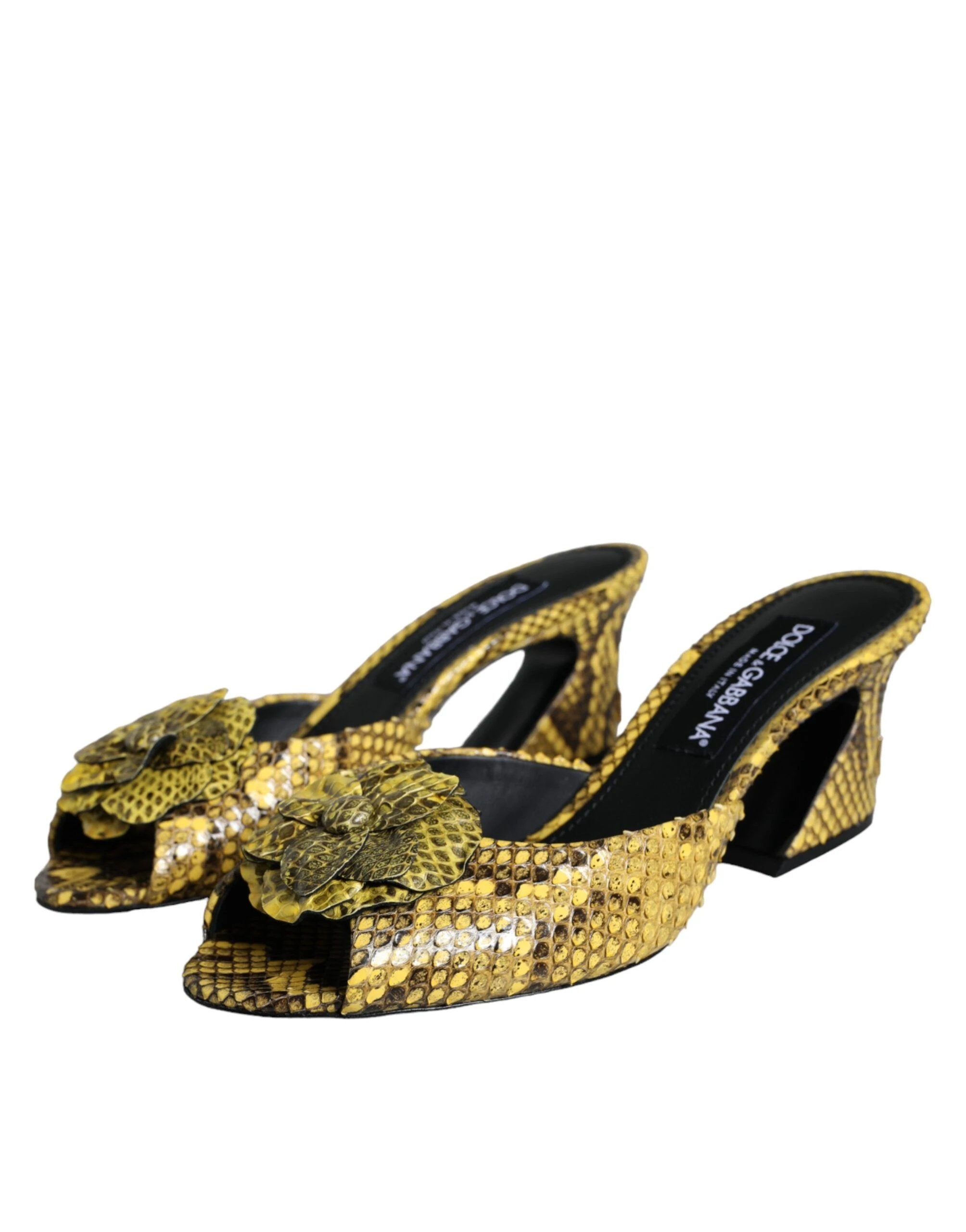 Dolce & Gabbana Yellow Leather Block Heels Slides Shoes by Dolce & Gabbana