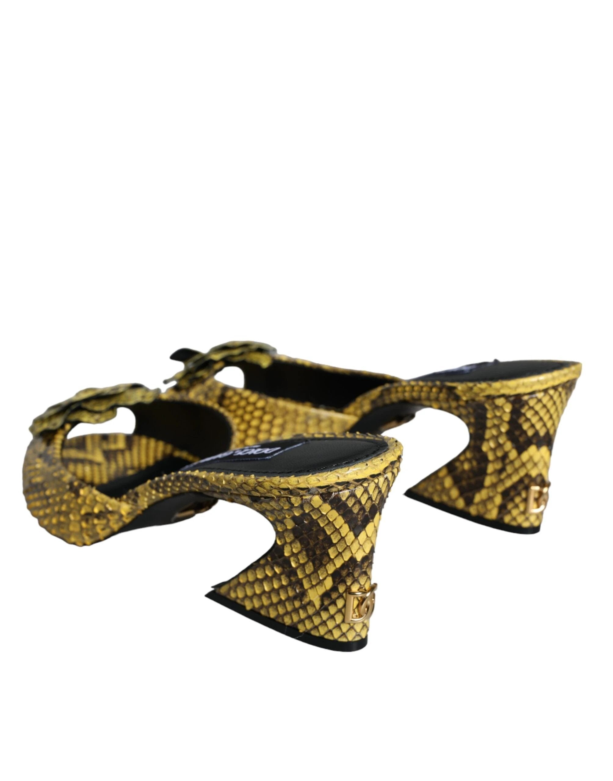Dolce & Gabbana Yellow Leather Block Heels Slides Shoes by Dolce & Gabbana