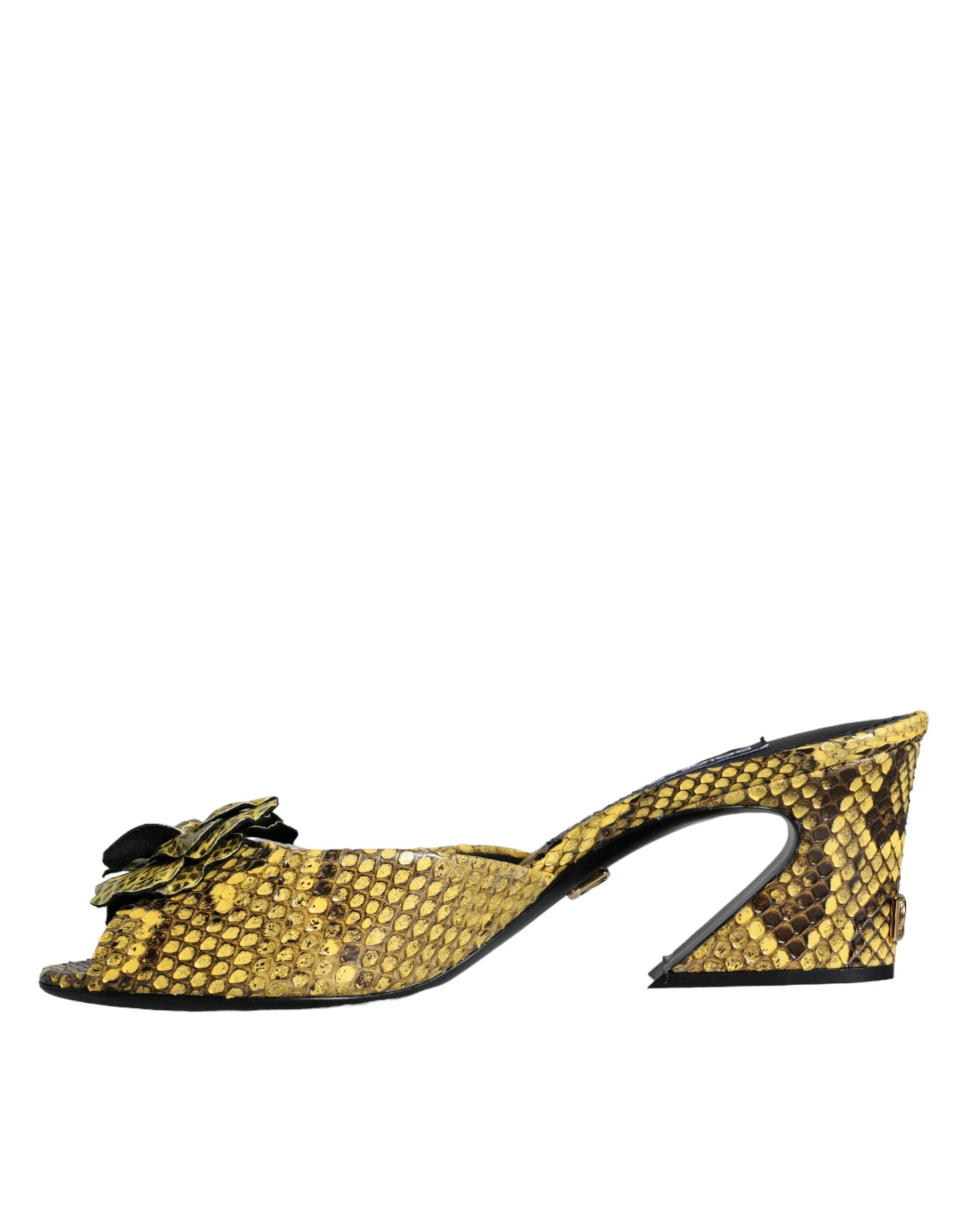 Dolce & Gabbana Yellow Leather Block Heels Slides Shoes by Dolce & Gabbana