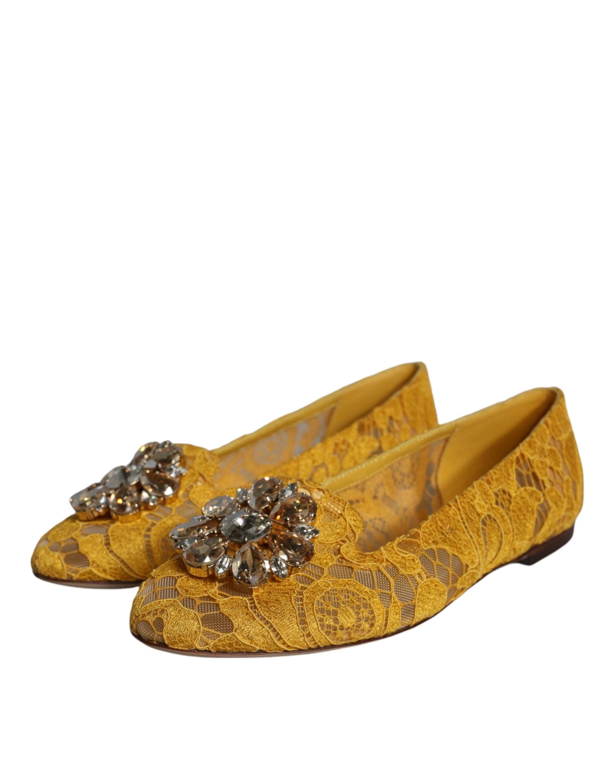 Dolce & Gabbana Mustard Lace Crystal Ballet Flats Loafer Shoes by Dolce & Gabbana