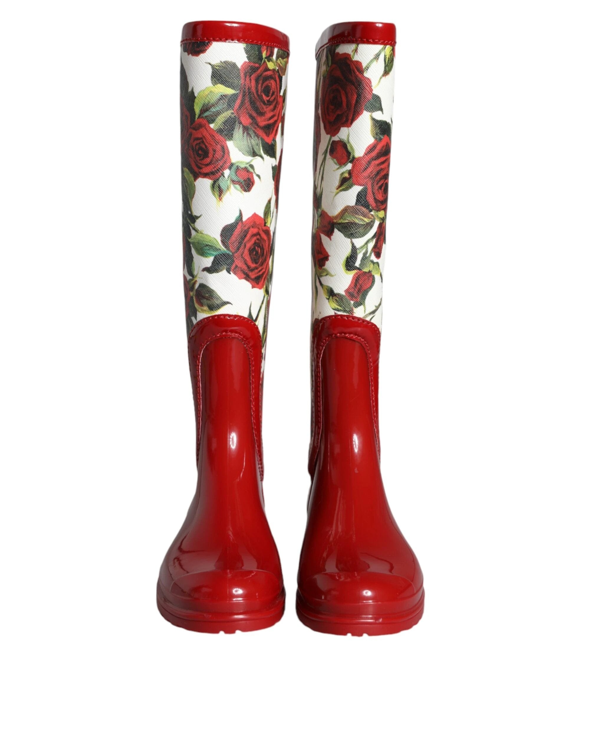 Dolce & Gabbana Red Floral Rubber Knee High Flat Boots Shoes by Dolce & Gabbana