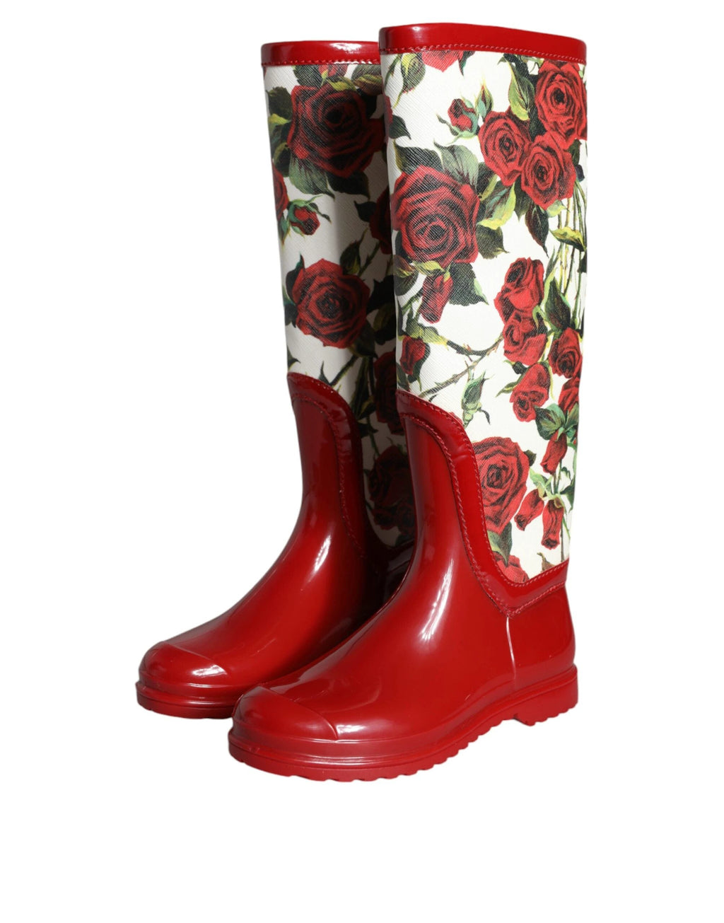 Dolce & Gabbana Red Floral Rubber Knee High Flat Boots Shoes by Dolce & Gabbana