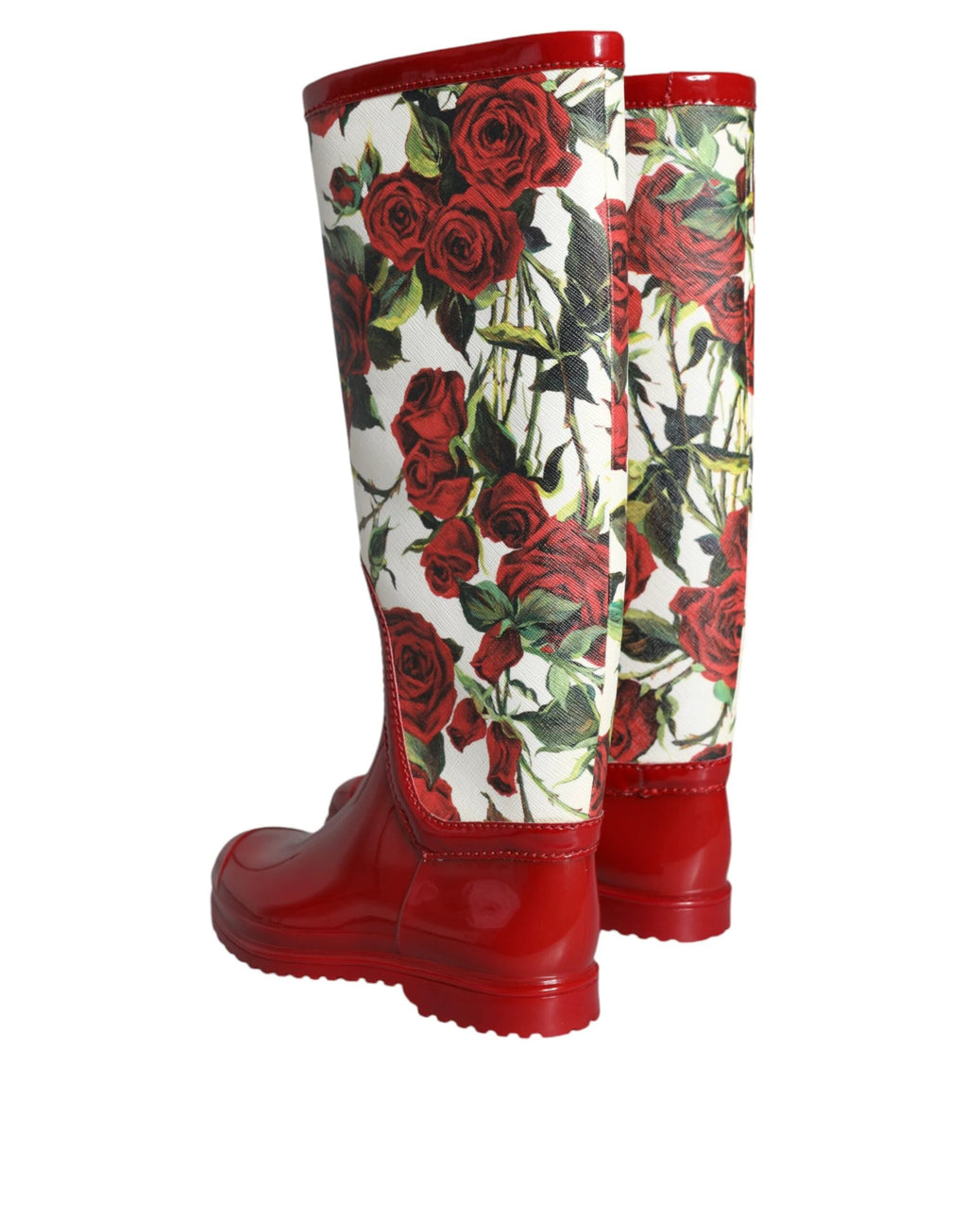 Dolce & Gabbana Red Floral Rubber Knee High Flat Boots Shoes by Dolce & Gabbana
