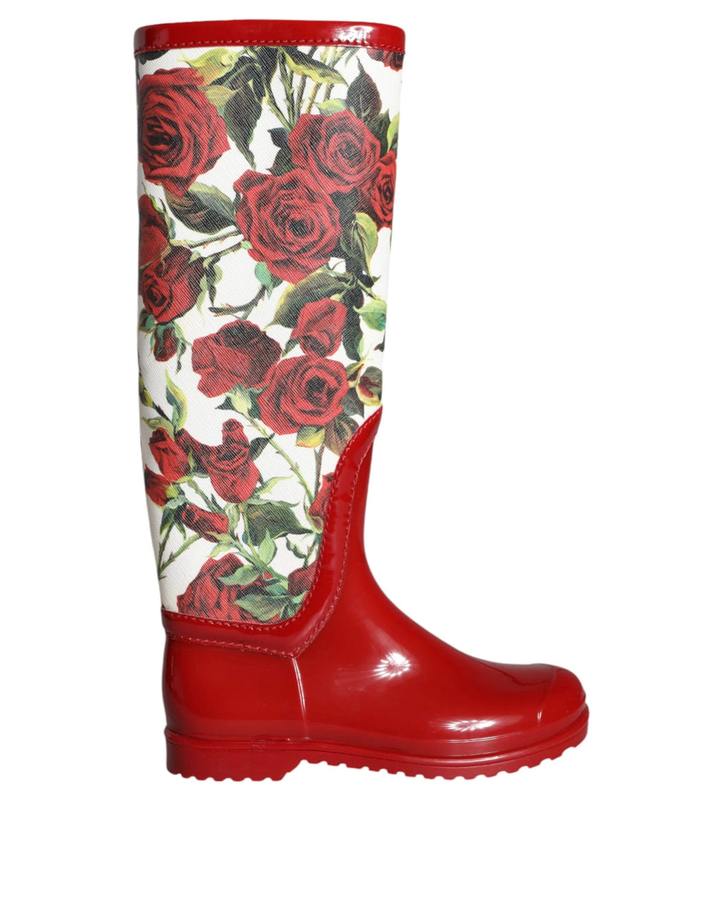 Dolce & Gabbana Red Floral Rubber Knee High Flat Boots Shoes by Dolce & Gabbana