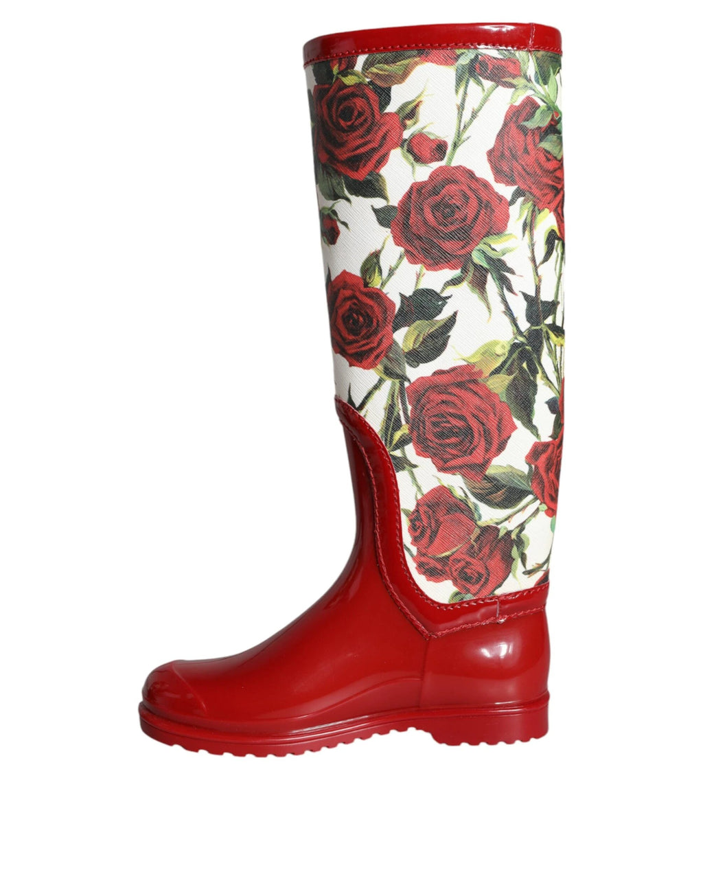 Dolce & Gabbana Red Floral Rubber Knee High Flat Boots Shoes by Dolce & Gabbana