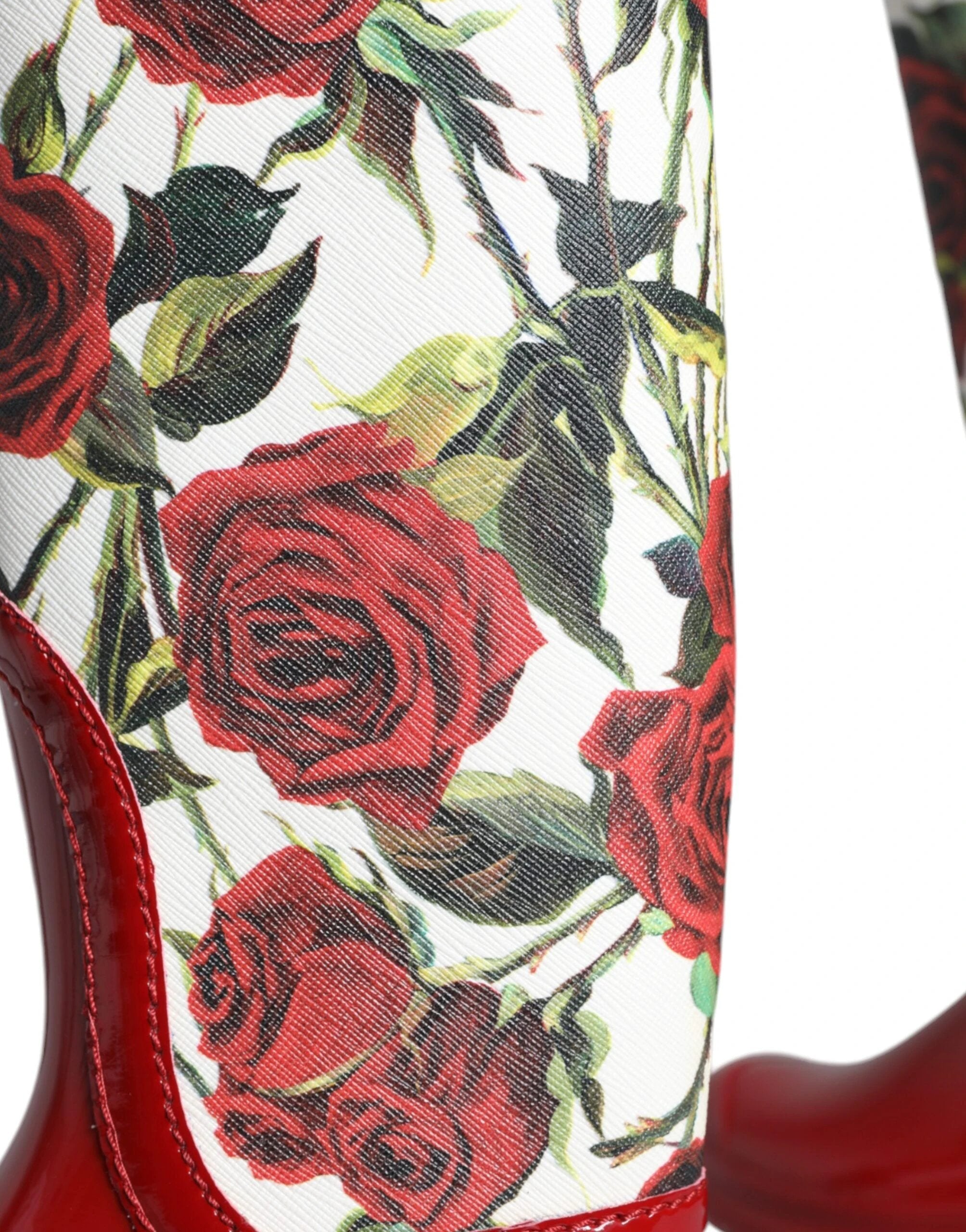 Dolce & Gabbana Red Floral Rubber Knee High Flat Boots Shoes by Dolce & Gabbana