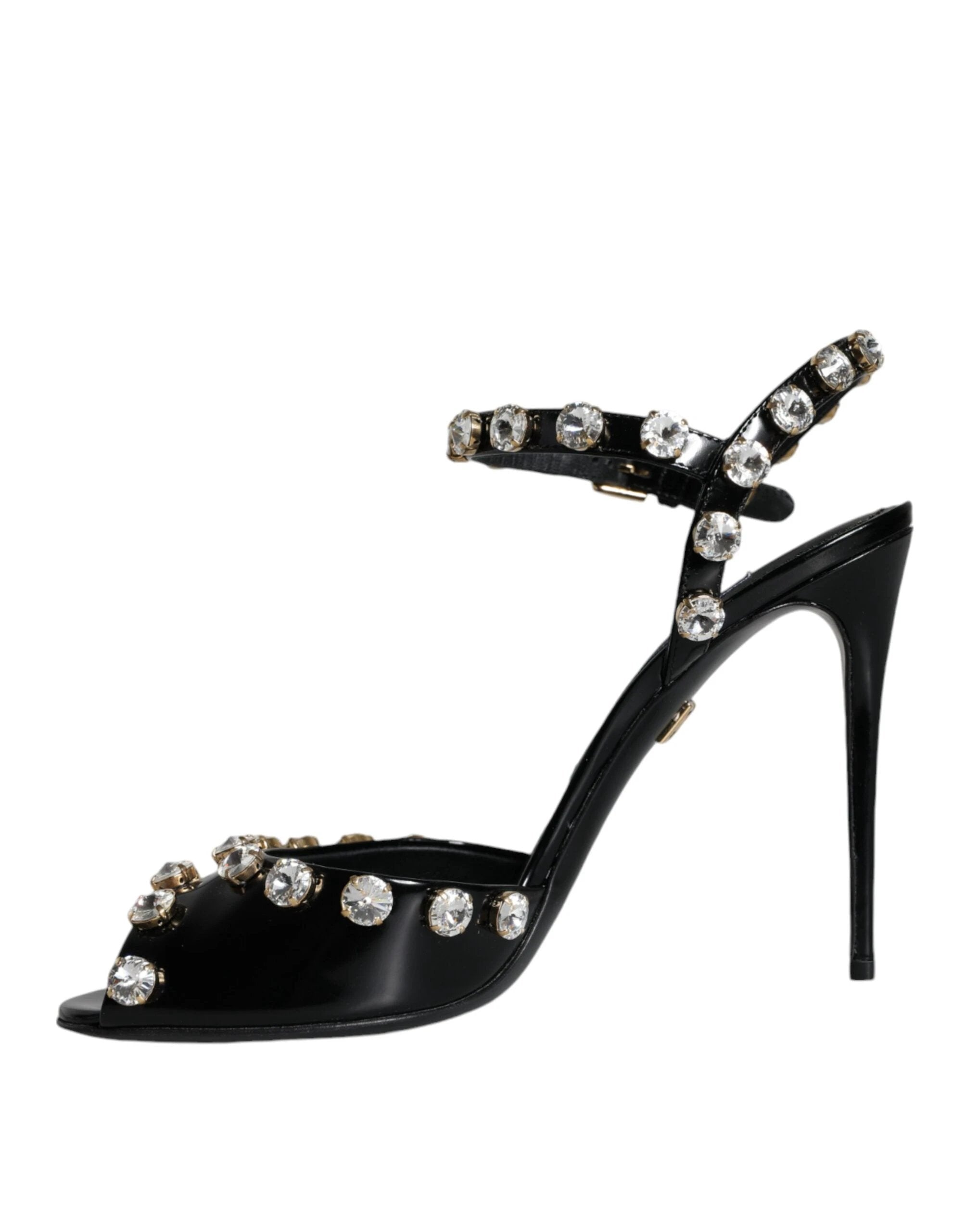 Dolce & Gabbana Black Leather Crystal Ankle Strap Sandals Shoes by Dolce & Gabbana