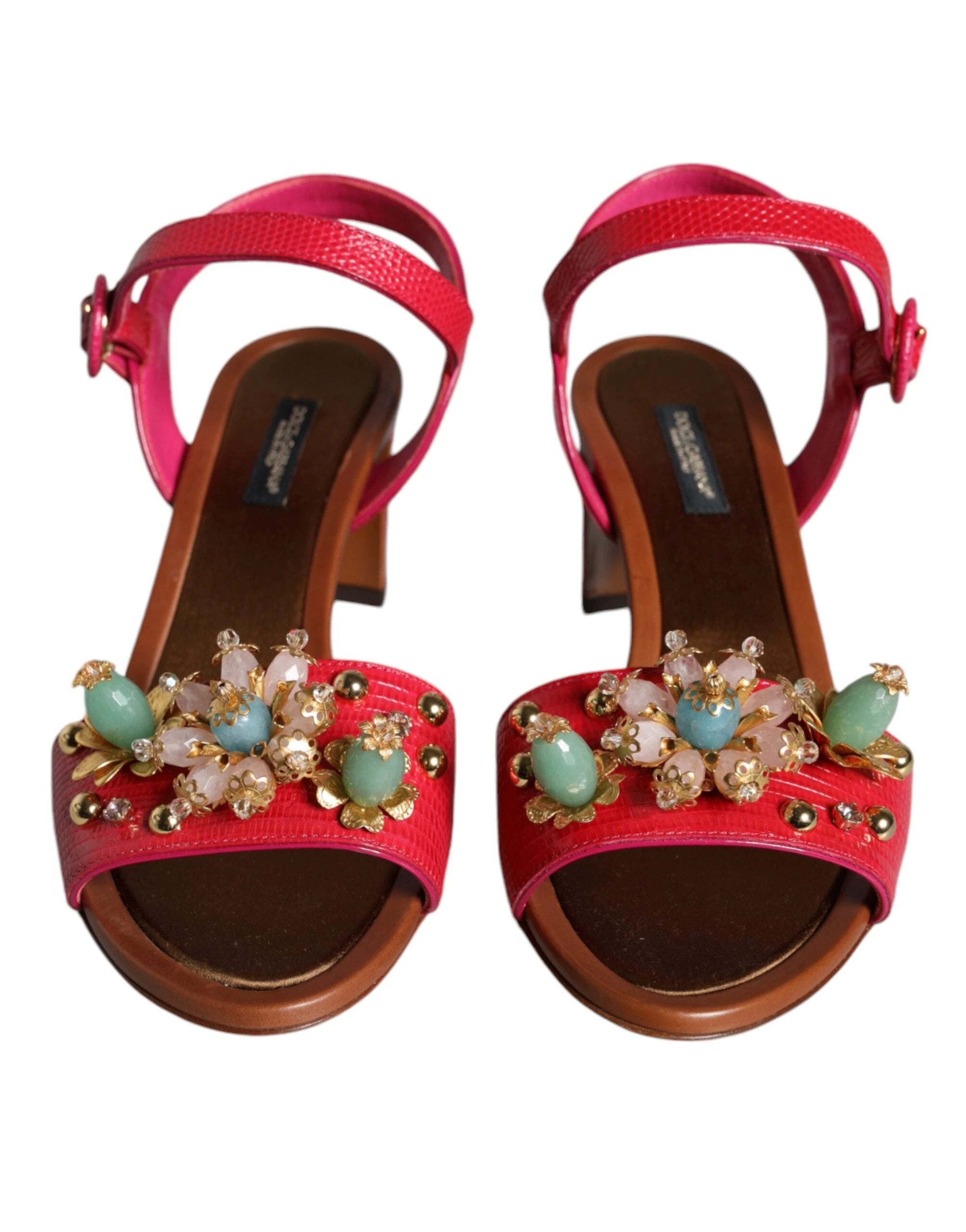 Dolce & Gabbana Fuchsia Leather Embellished Keira Sandals Shoes by Dolce & Gabbana