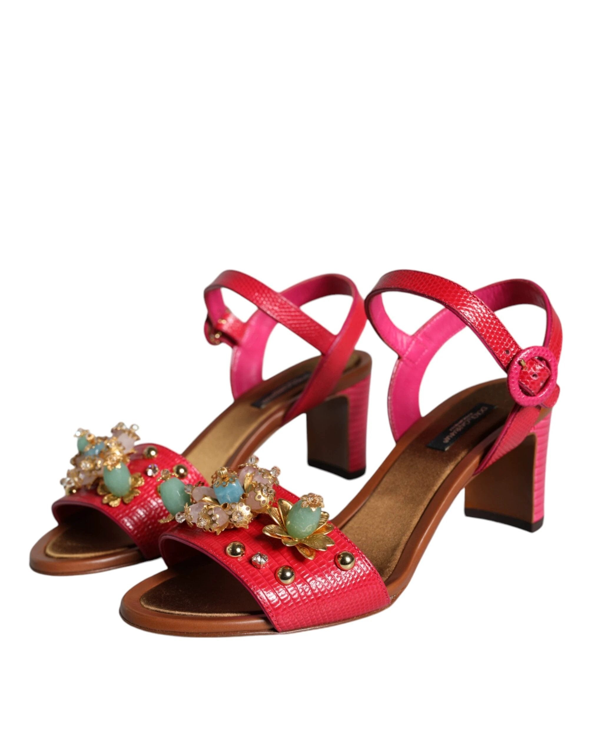 Dolce & Gabbana Fuchsia Leather Embellished Keira Sandals Shoes by Dolce & Gabbana