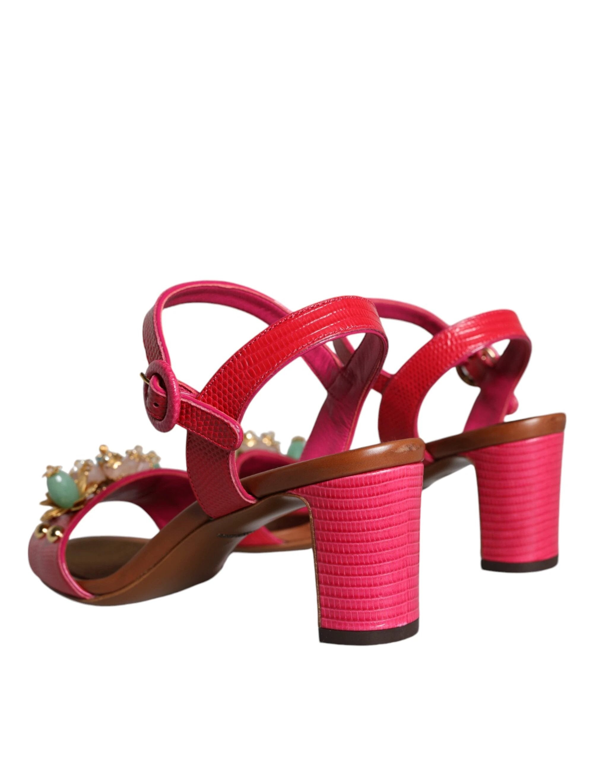 Dolce & Gabbana Fuchsia Leather Embellished Keira Sandals Shoes by Dolce & Gabbana