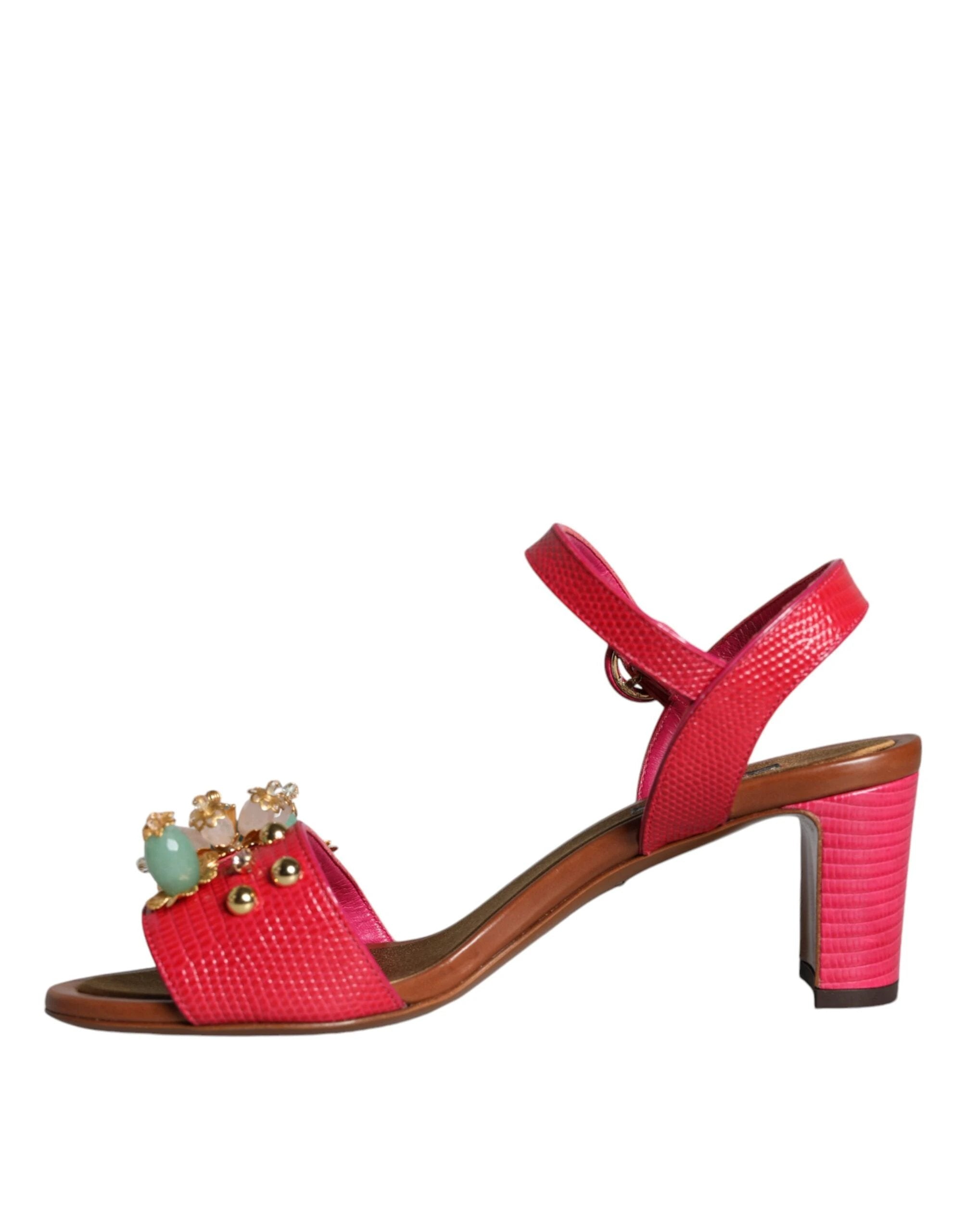 Dolce & Gabbana Fuchsia Leather Embellished Keira Sandals Shoes by Dolce & Gabbana