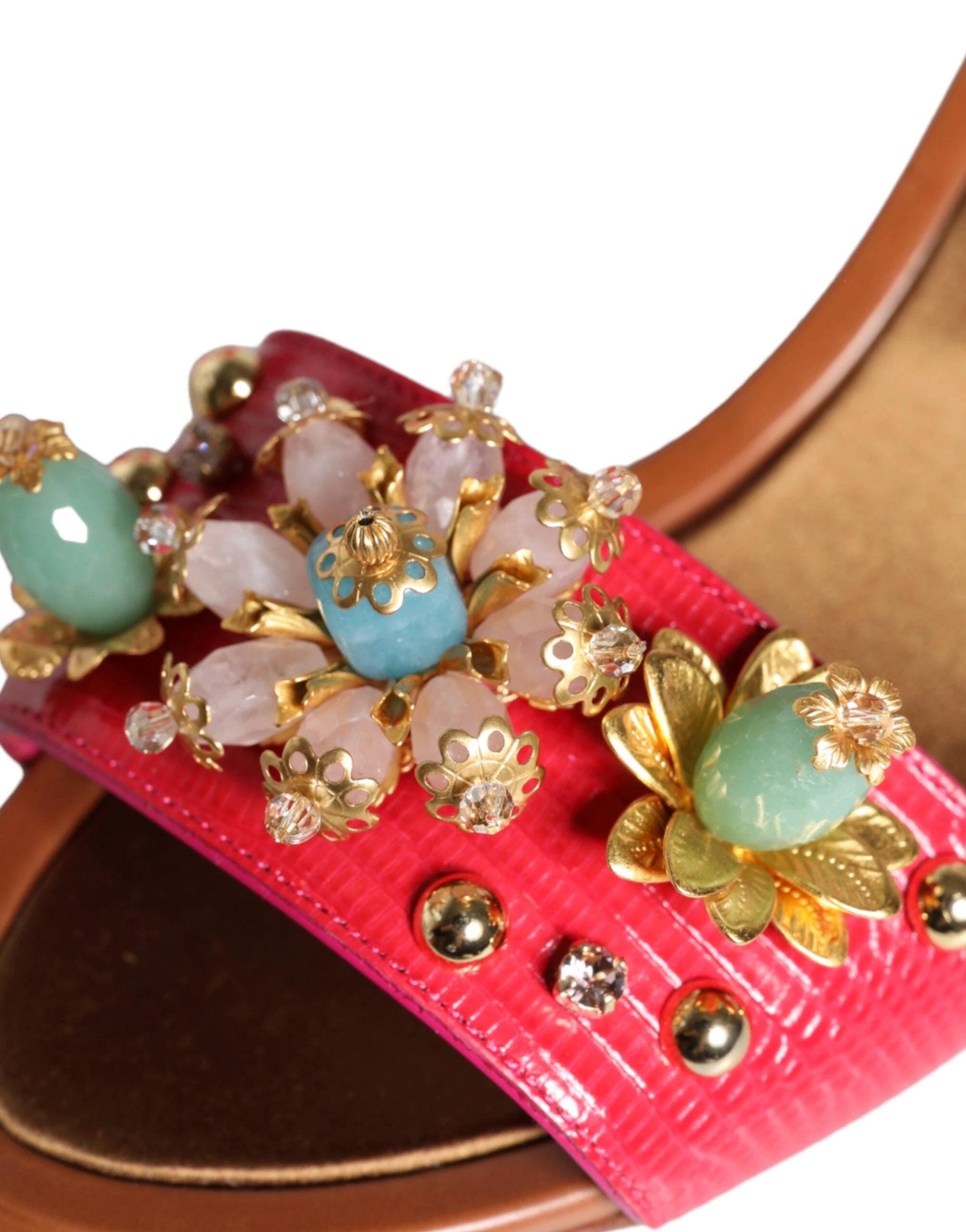 Dolce & Gabbana Fuchsia Leather Embellished Keira Sandals Shoes by Dolce & Gabbana