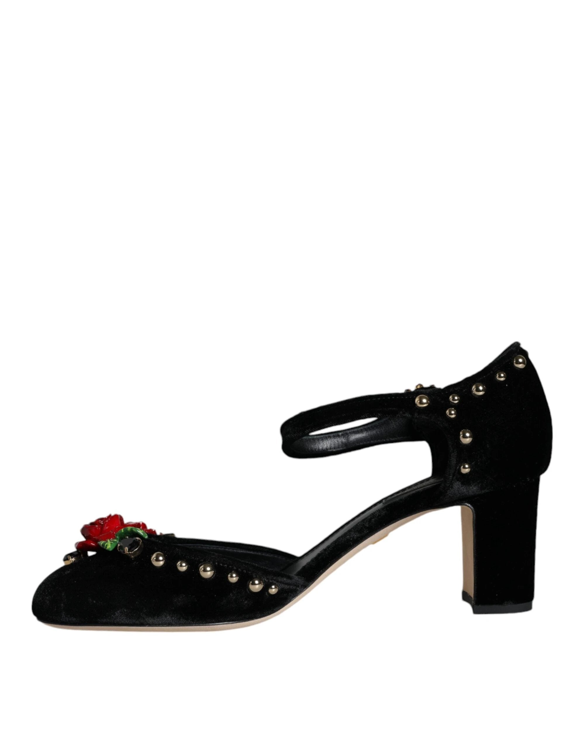 Dolce & Gabbana Black Velvet Roses Ankle Strap Pumps Shoes by Dolce & Gabbana