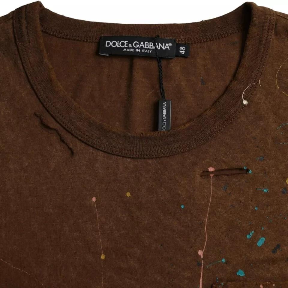 Dolce & Gabbana Brown Color Splash Cotton Crew Neck T-shirt by Dolce & Gabbana